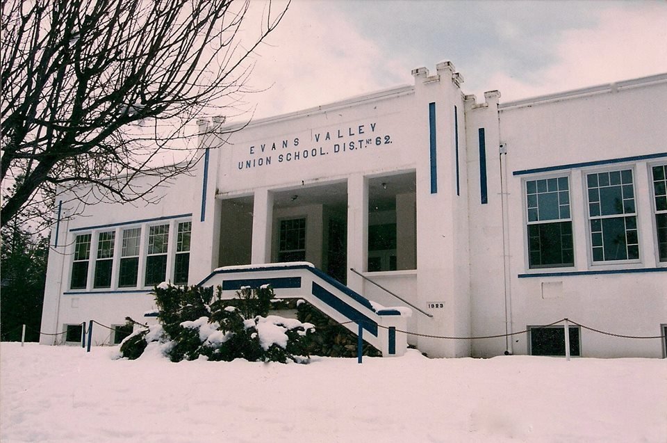 Evans Valley Union School District 62 building in winter snow