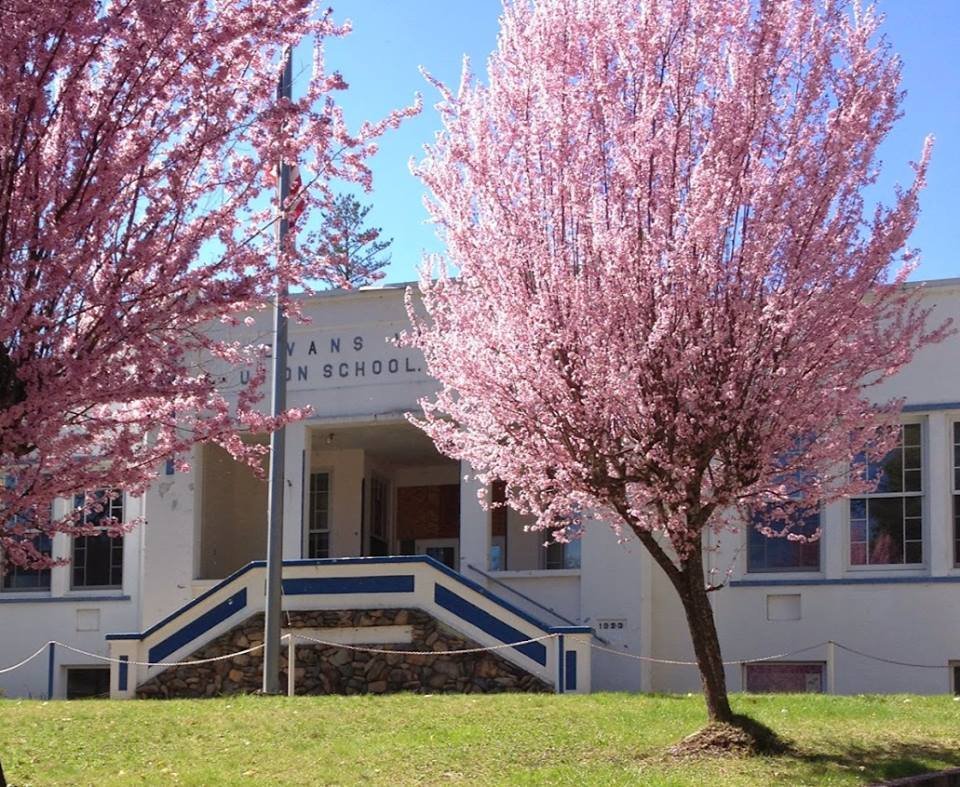 Evans Valley Community Center - historic white building with cherry blossoms in spring